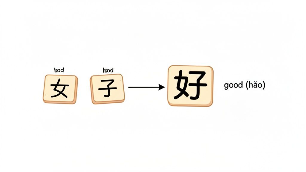 Diagram showing Chinese characters 女 (woman) and 子 (child) combining to form 好 (good, hǎo).