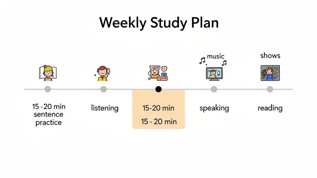 A weekly study plan timeline showing five language learning activities with recommended time allocations.