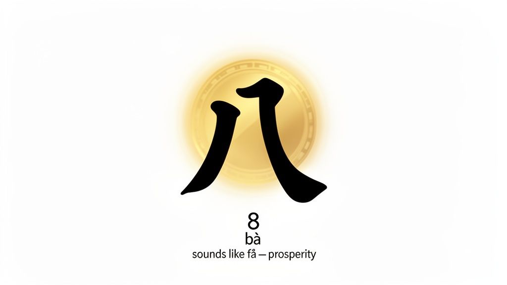 The Chinese character '八' for number eight, pronounced 'bà', associated with prosperity.