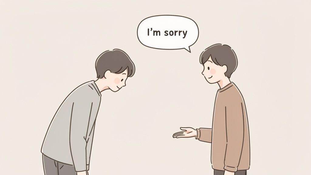 Cartoon illustration of two men, one bowing while the other apologizes with open hand.