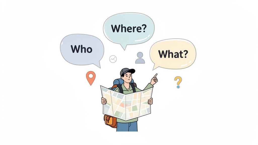 A traveler with a backpack and map contemplates 'Who', 'Where?', 'What?' for planning a journey.