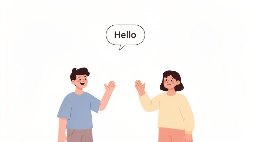Two cartoon people, a man and a woman, smiling and waving, with a 'Hello' speech bubble.
