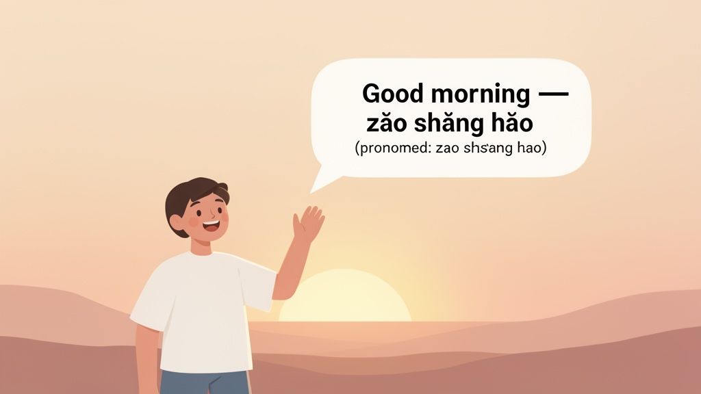Cartoon boy waving, saying "Good morning" in English and Chinese with pronunciation, against a sunrise backdrop.