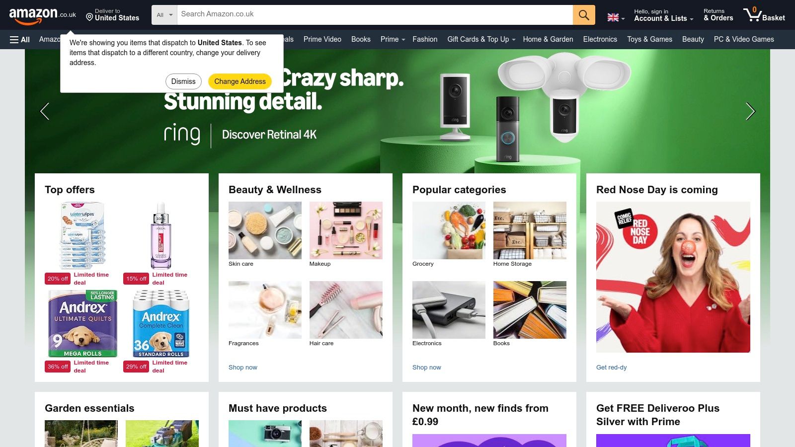 A screenshot of the Amazon UK homepage, featuring its search bar and various product categories, implying a vast selection of goods including books.