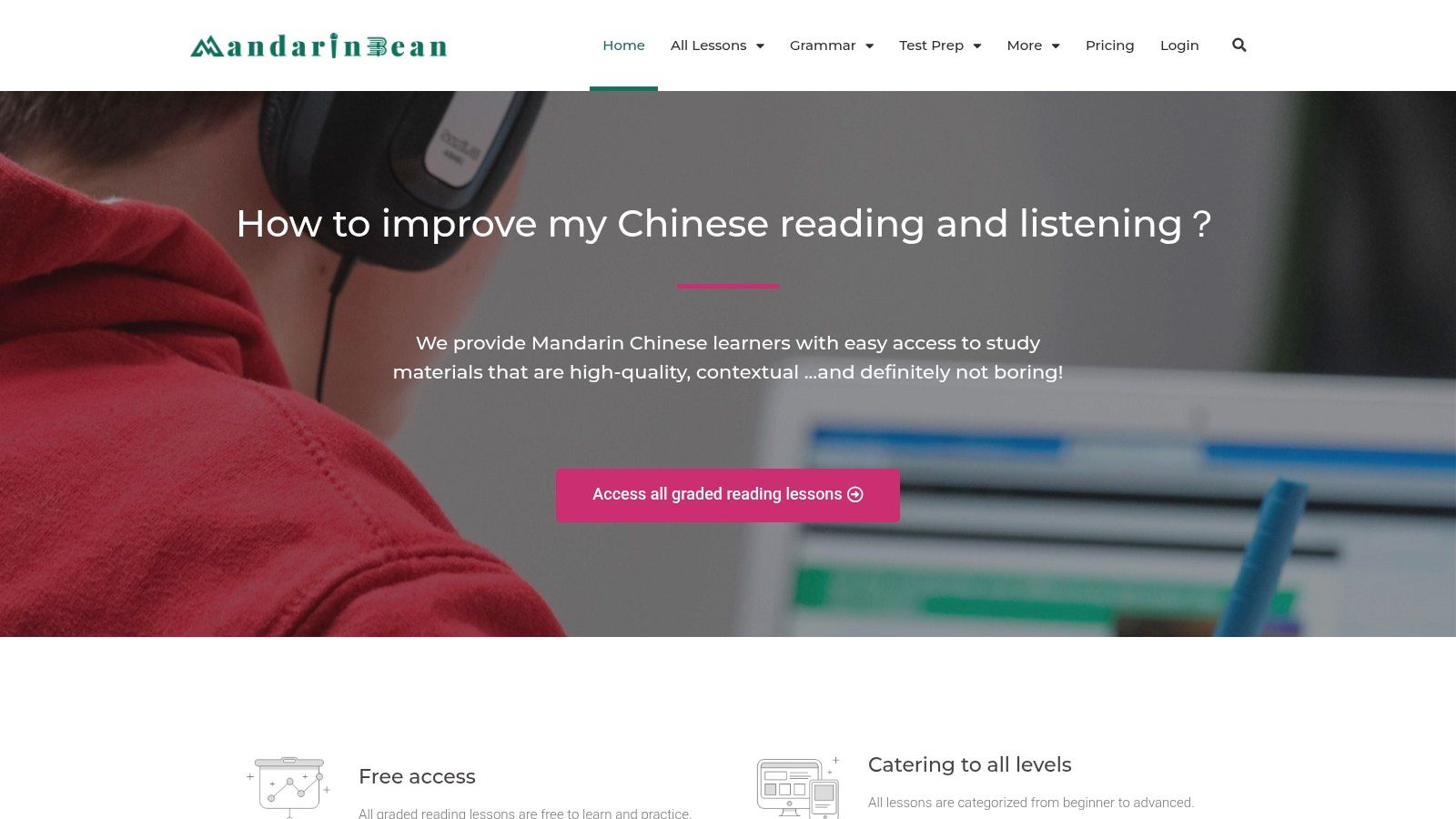 A screenshot of the Mandarin Bean website, showing a graded article with Chinese characters, pinyin, English translation, and audio controls.