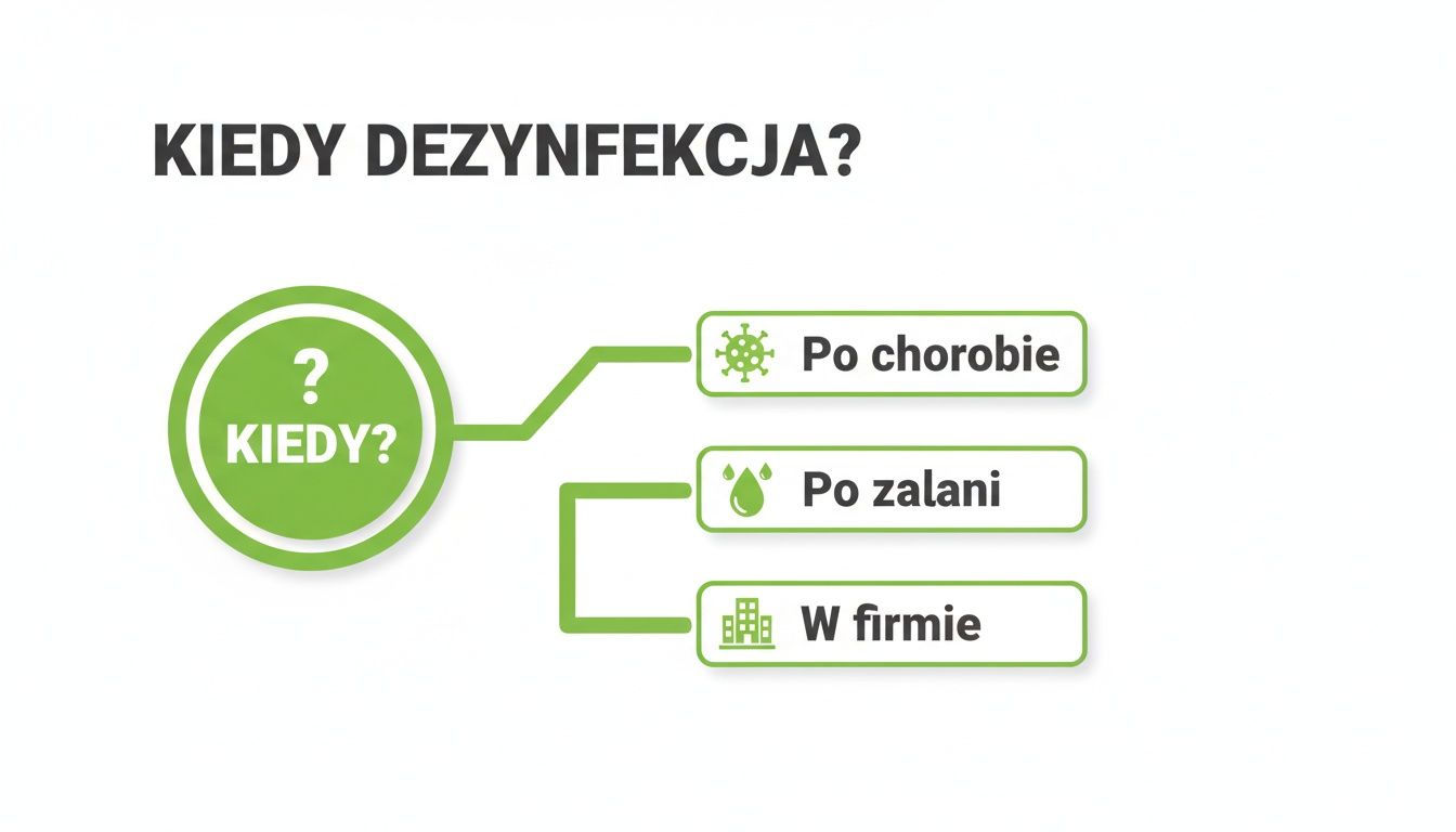 Dezynfekcja Warszawa – grafika przedstawiająca, kiedy należy przeprowadzić dezynfekcję: po chorobie, po zalaniu oraz w firmie.