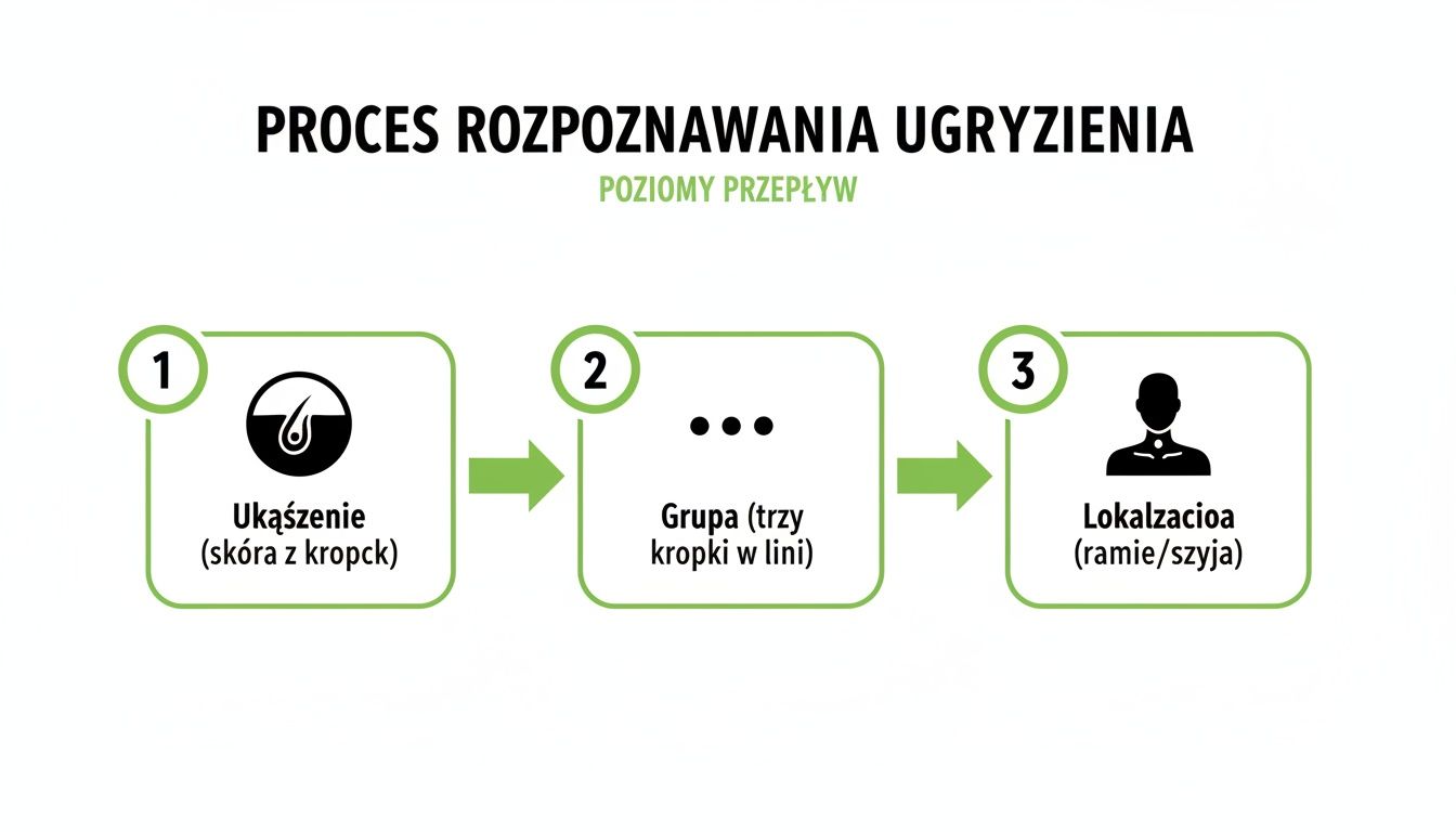 Grafika przedstawiająca trzystopniowy proces rozpoznawania ugryzienia: ukąszenie, wzór ukąszeń oraz lokalizację na ciele.
