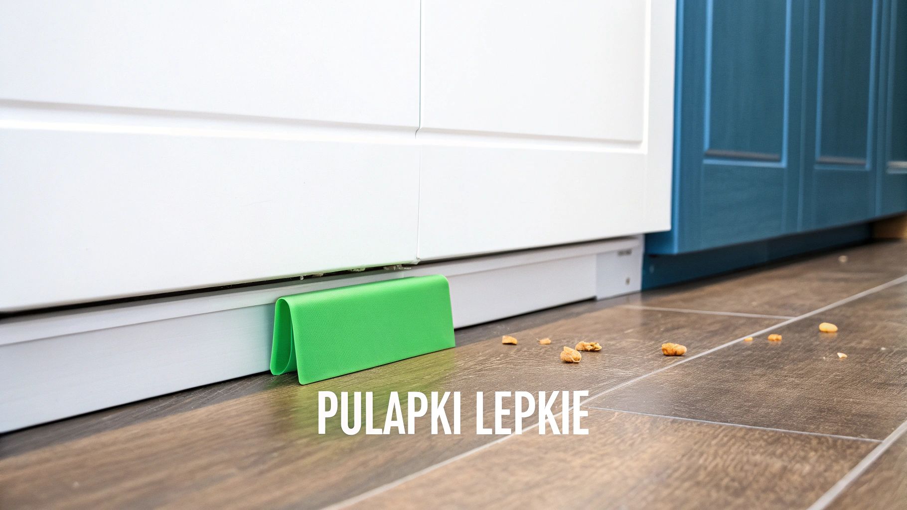 Zielona pułapka lepka pod białymi szafkami kuchennymi, z rozsypanymi okruchami na drewnianej podłodze.