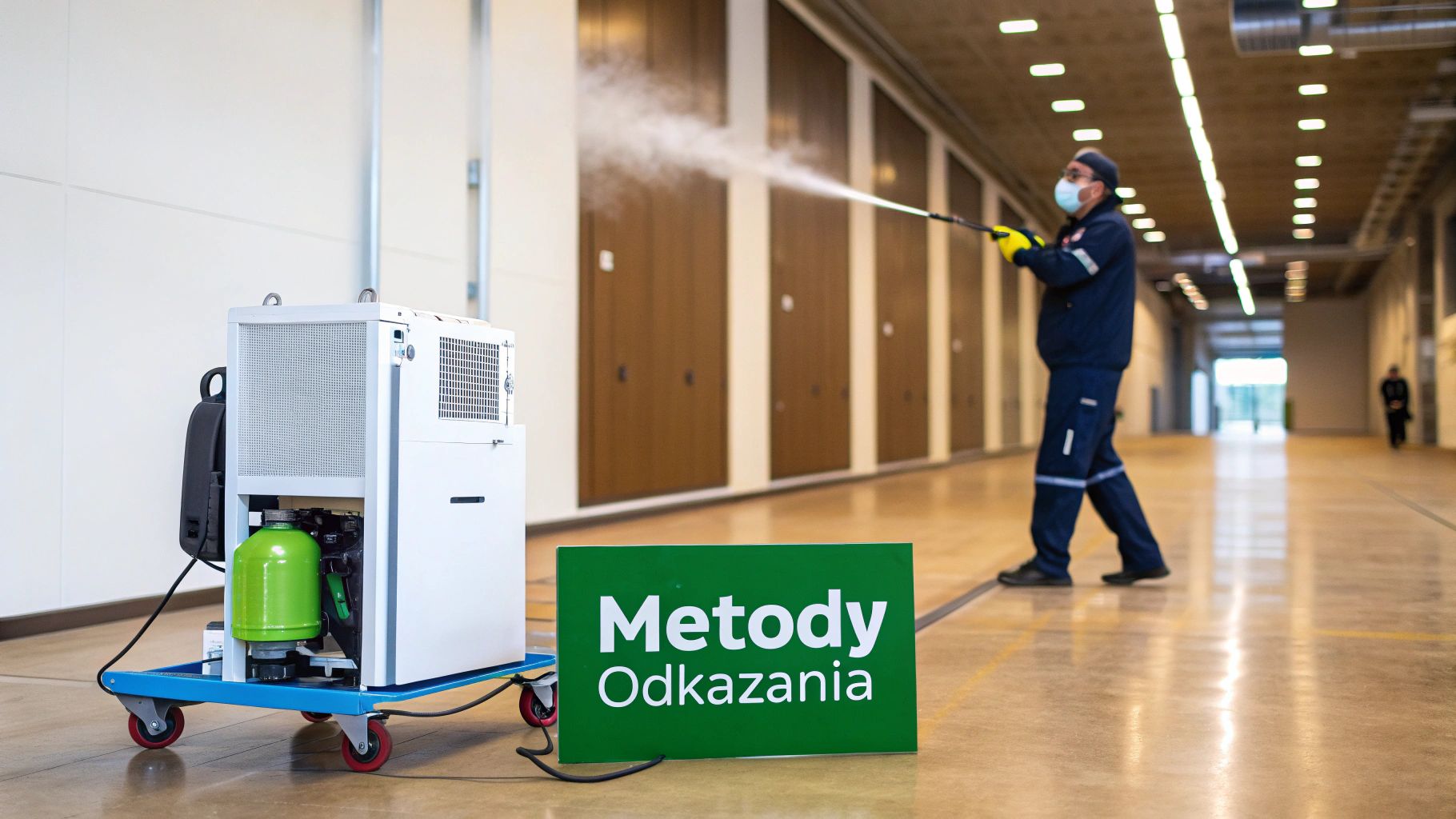 Dezynfekcja Warszawa – pracownik w masce i uniformie przeprowadza profesjonalne odkażanie wnętrza budynku specjalistycznym sprzętem