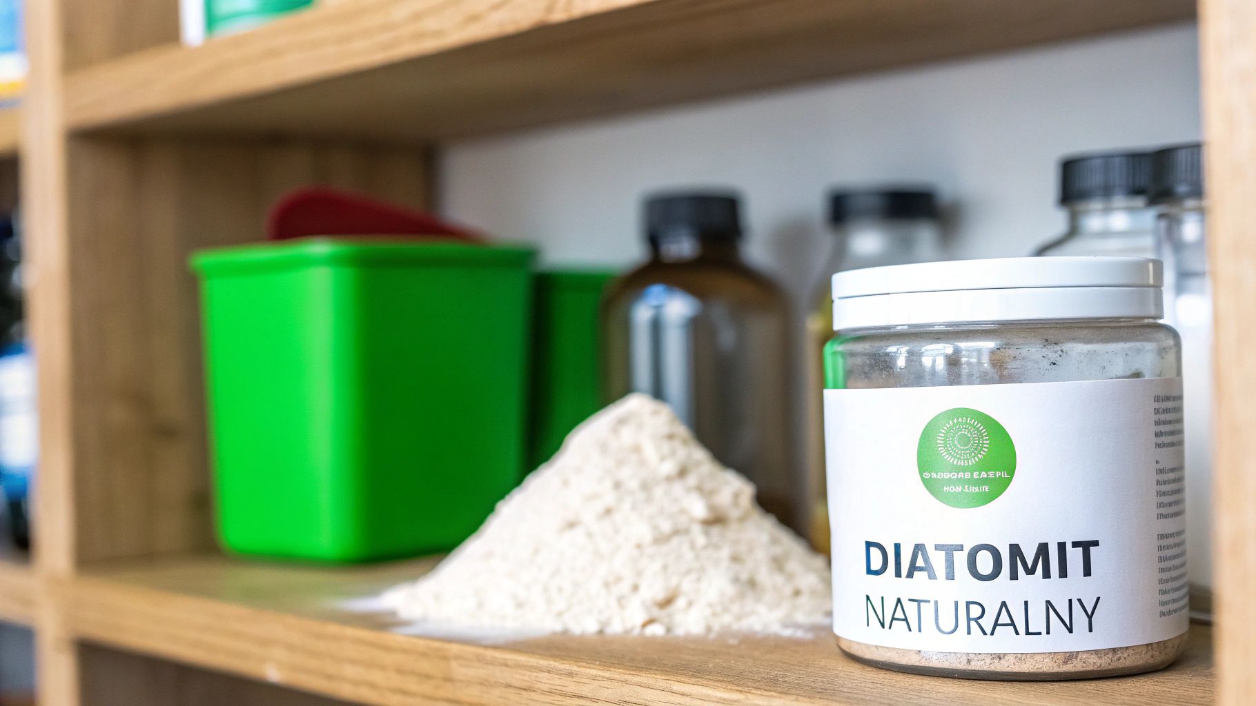 Słoik z naturalnym diatomitem i rozsypana kupka proszku na drewnianej półce, w tle niewyraźne butelki.