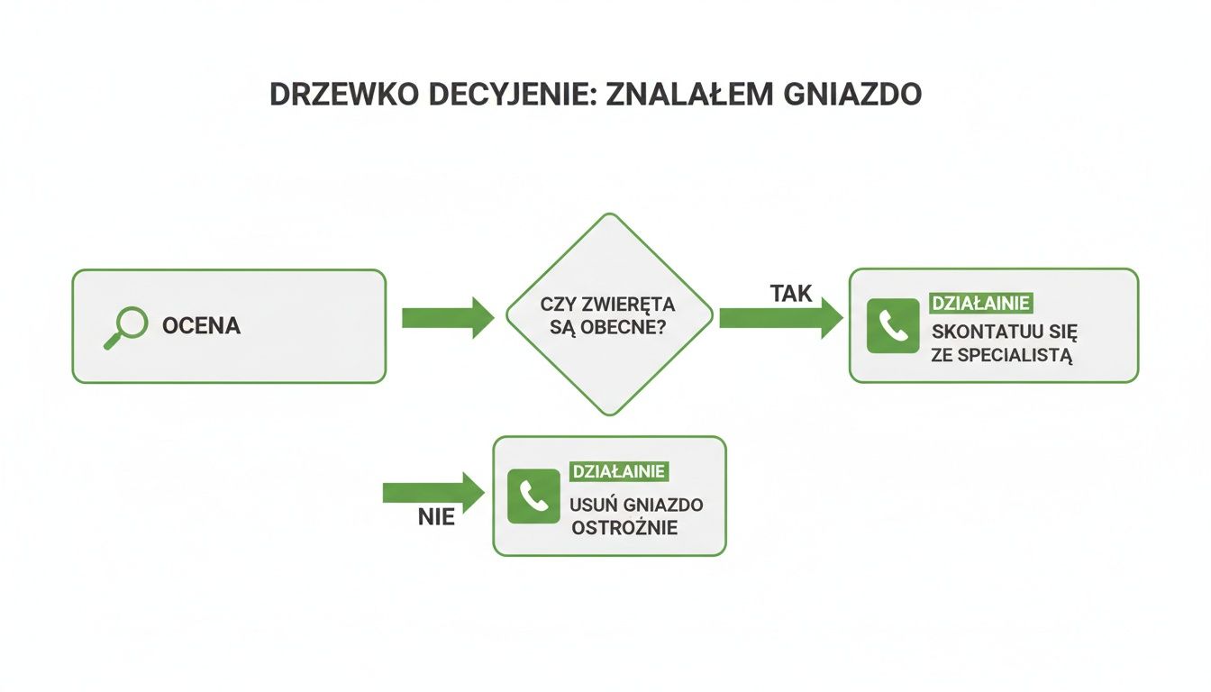 Schemat blokowy przedstawiający proces decyzyjny po znalezieniu gniazda, z opcjami oceny i działania.