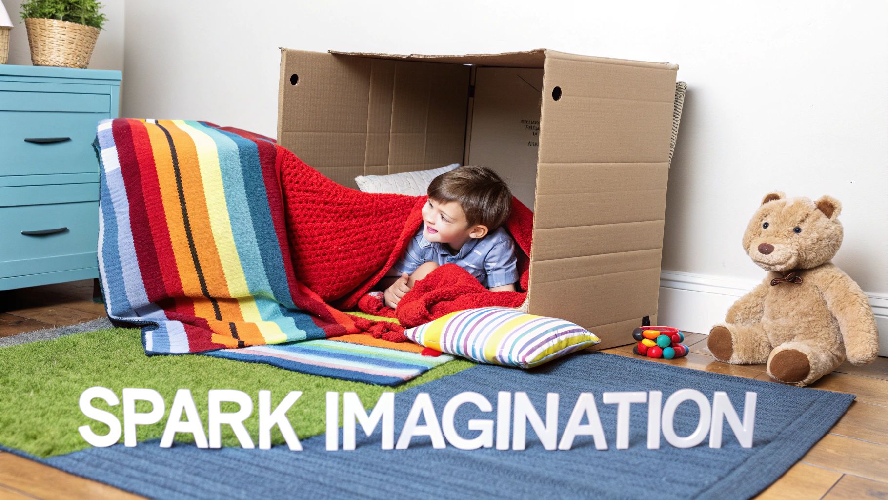 A young boy smiles happily inside a cardboard box fort, surrounded by colorful blankets and a teddy bear.