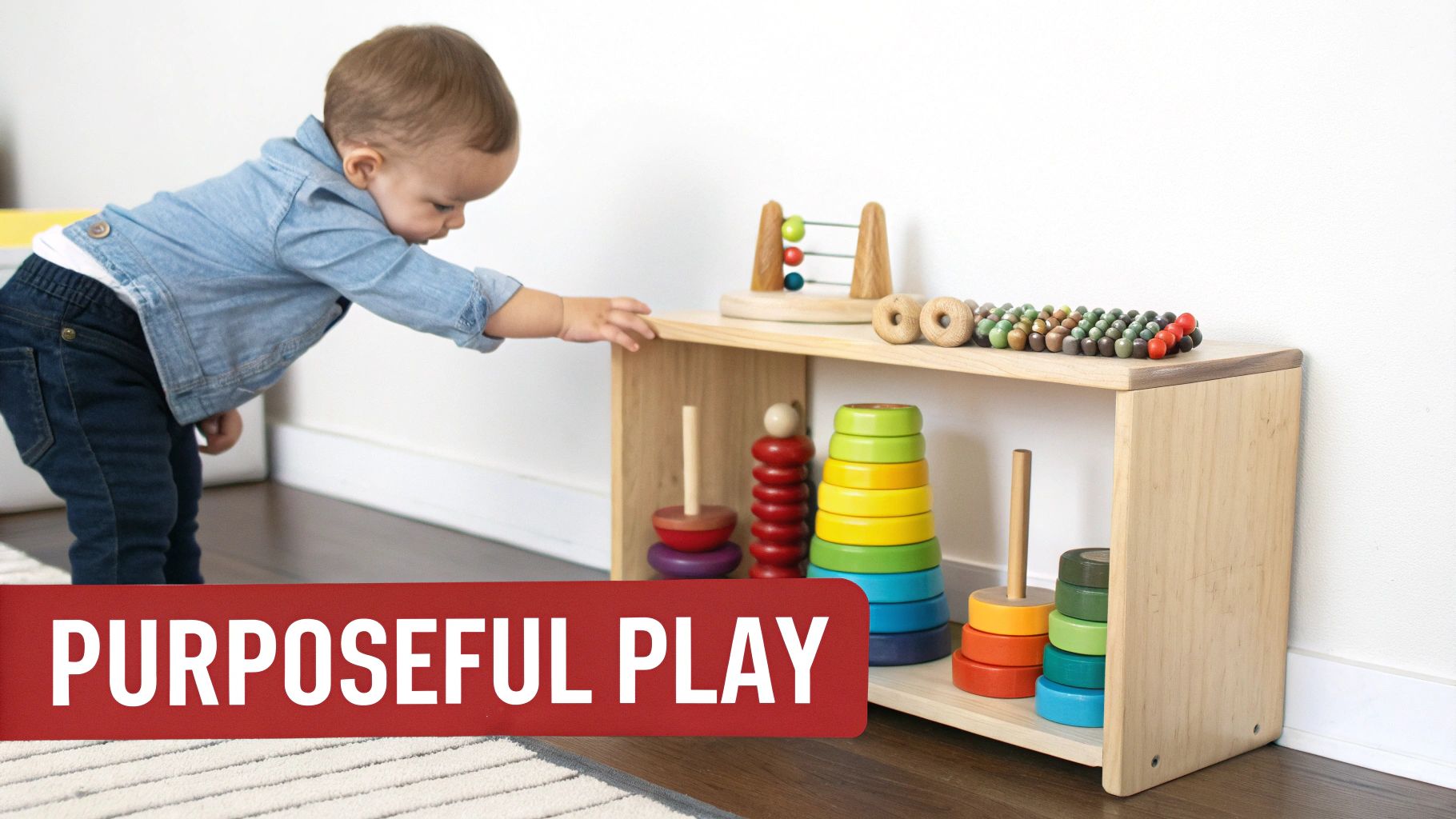 A baby in a denim jacket reaches for colorful wooden Montessori stacking toys on a low shelf, illustrating purposeful play.