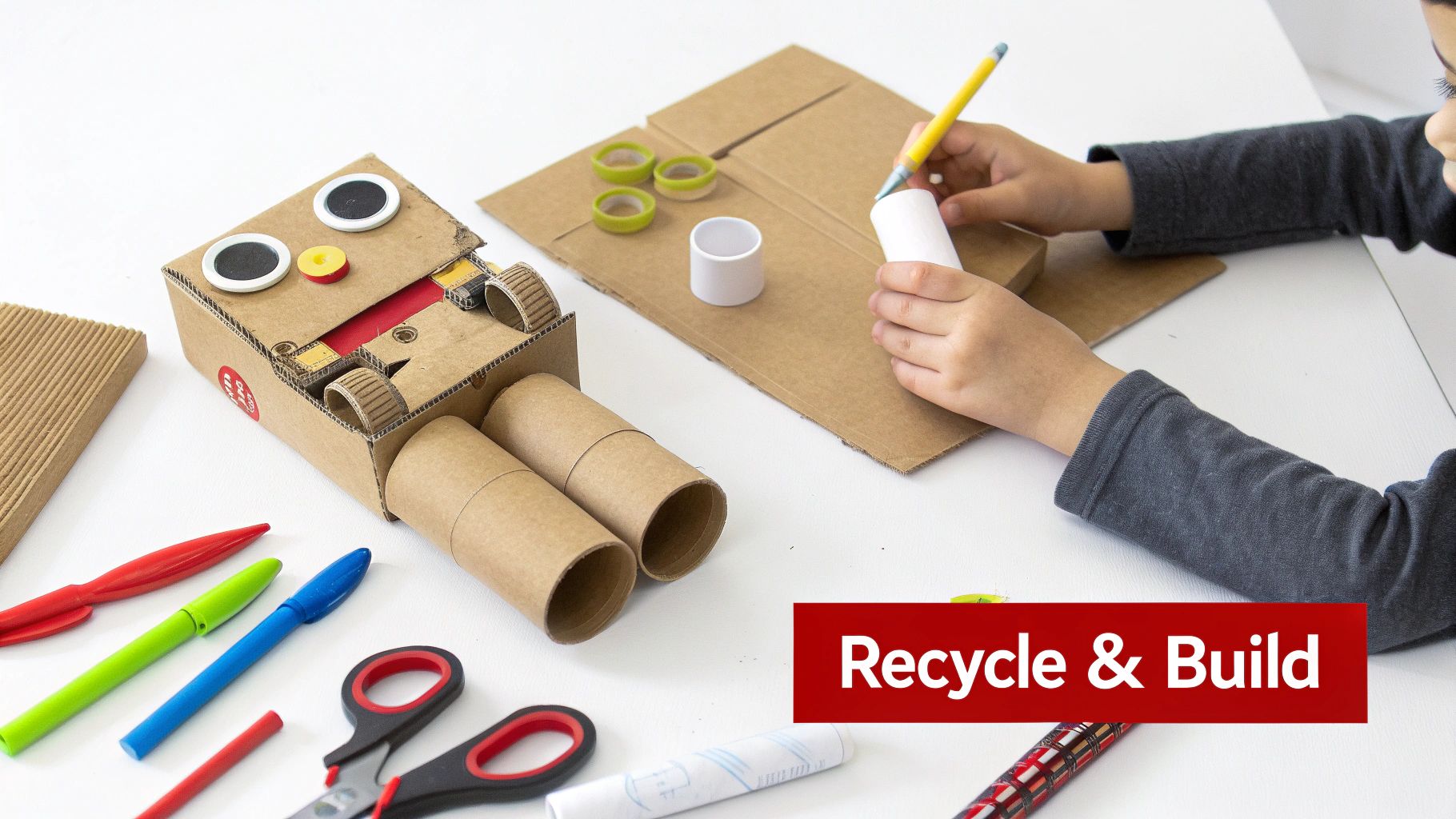 Child's hands crafting a robot from cardboard and paper rolls, with art supplies on a white table.