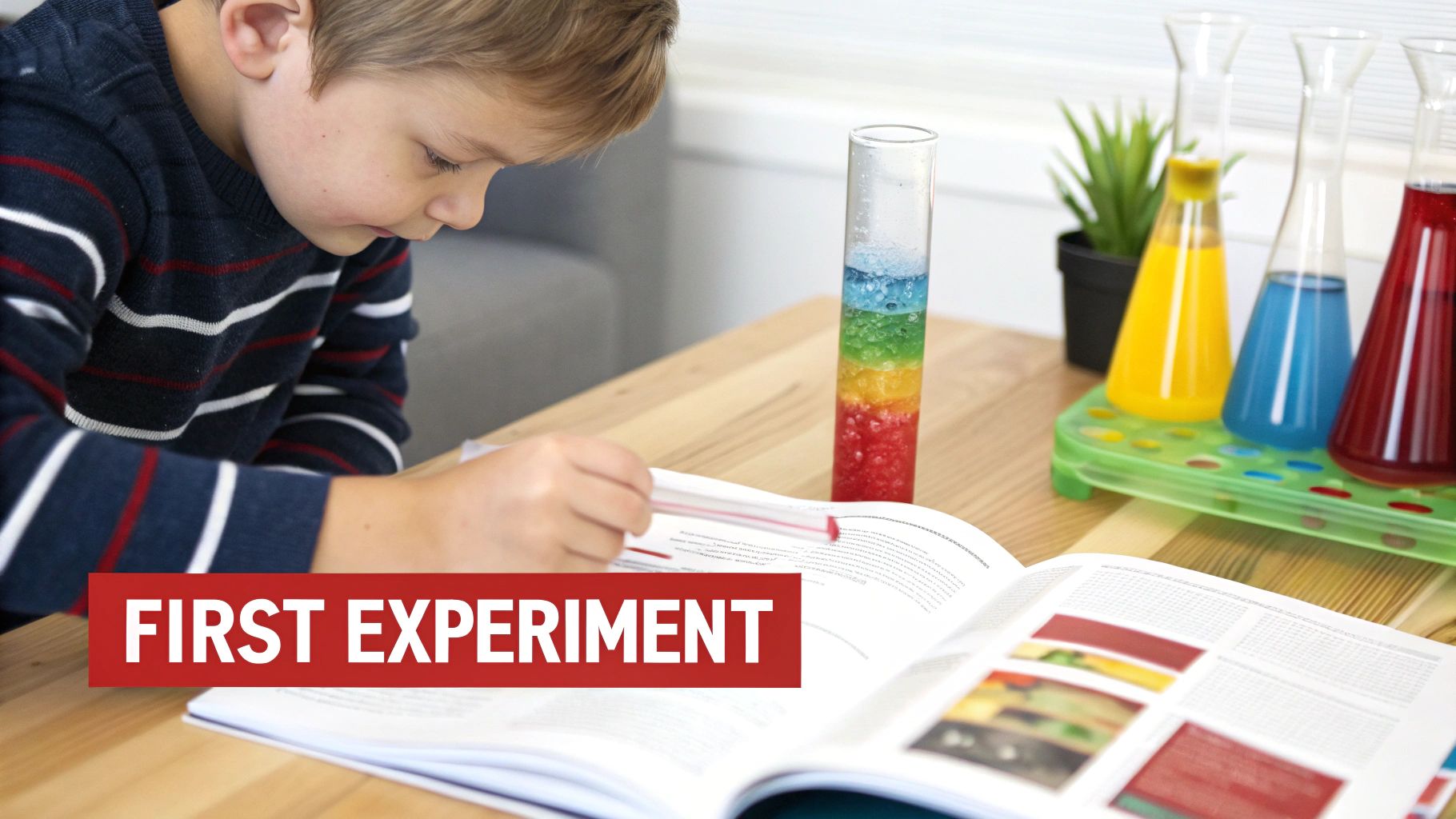 A young boy intently engaged in a colorful science experiment, following instructions from an open book.