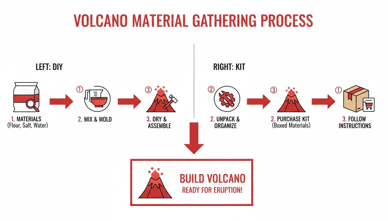 Diagram showing two methods to gather materials and build a volcano model: DIY or kit.