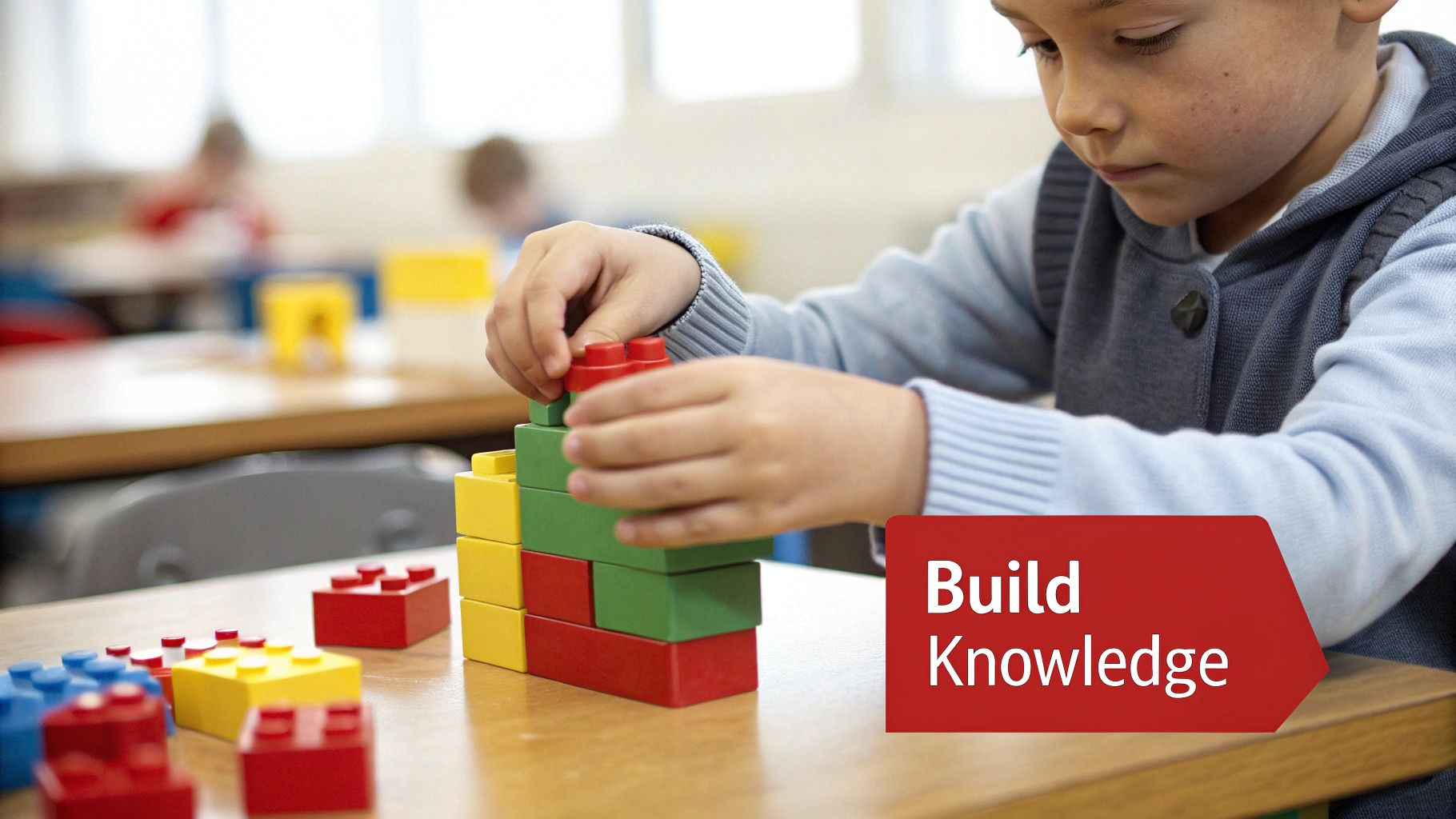 A child happily building with colorful blocks, representing the active construction of knowledge.