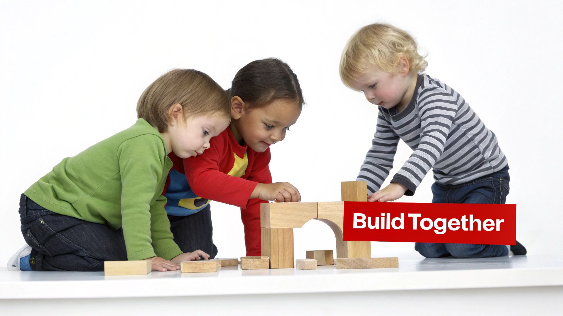 Three young children play together with wooden blocks, building a structure on a white surface.