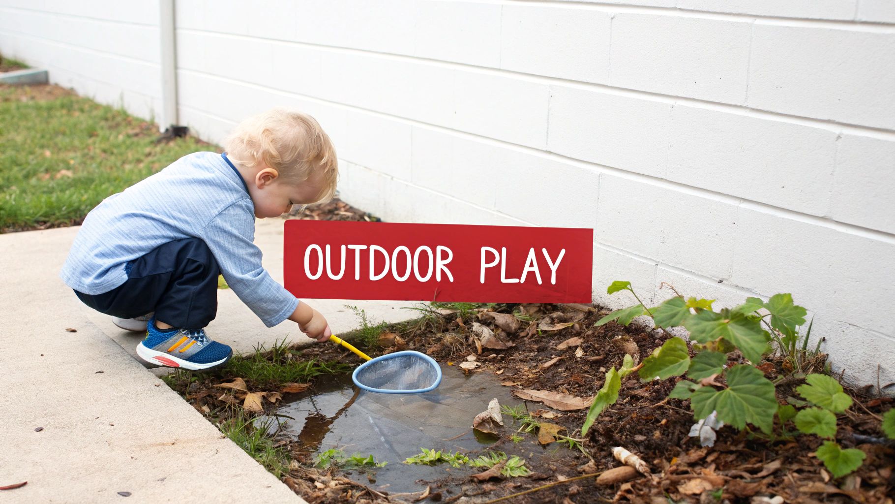 A curious toddler in a blue shirt playing with a small net in a muddy puddle outdoors, beside an 'OUTDOOR PLAY' sign.