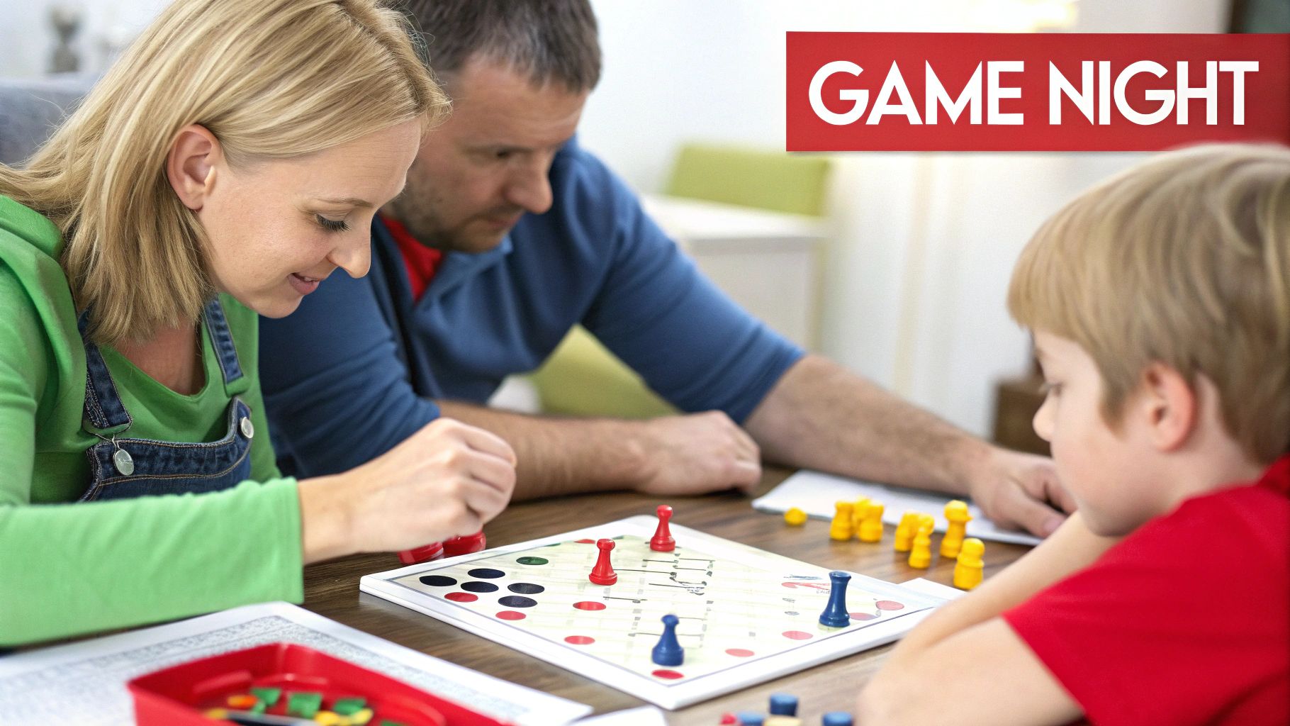 A mother, father, and child enjoy a board game during a family game night.
