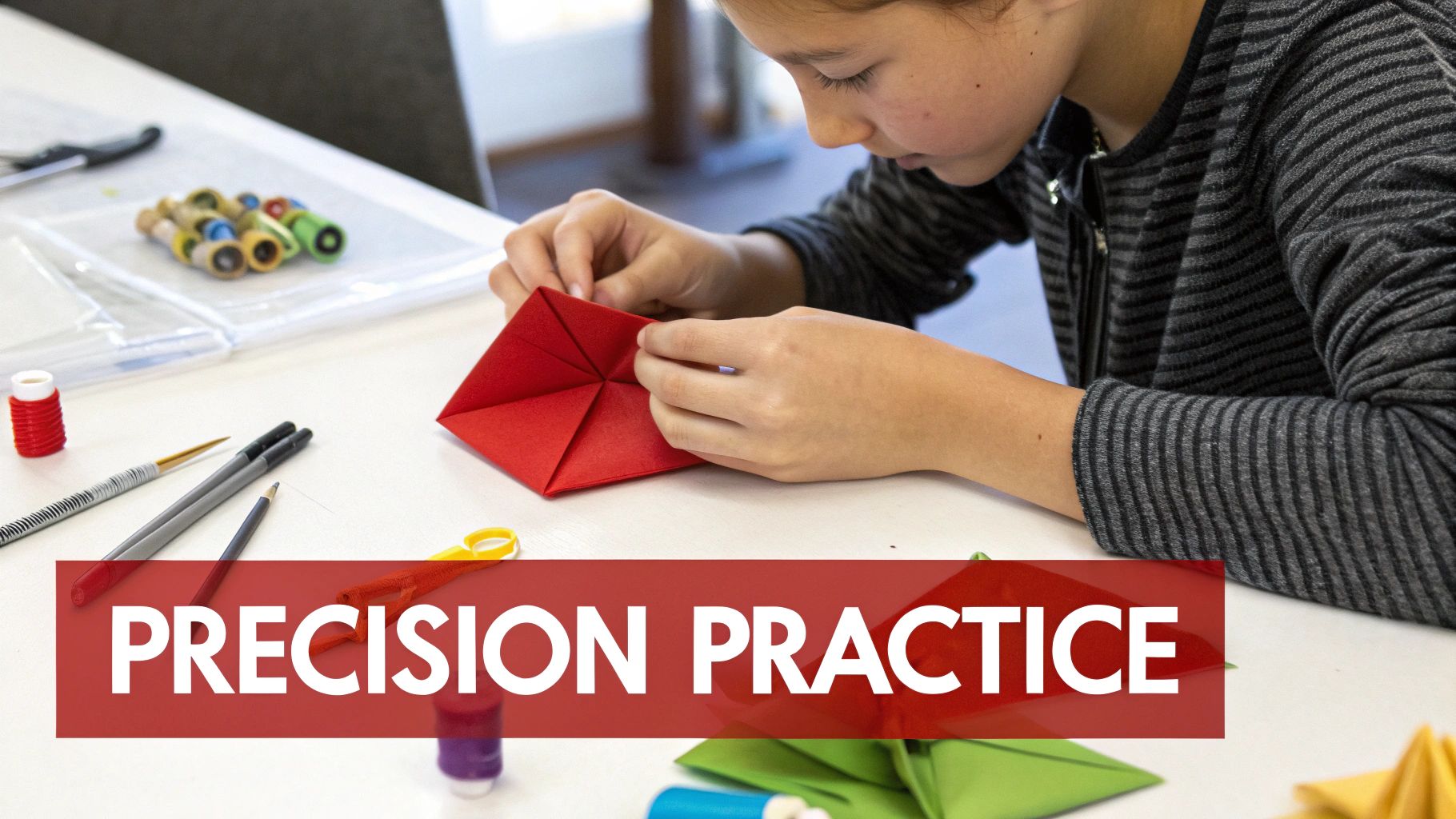 A child meticulously folds red origami paper, practicing fine motor skills with crafting supplies.