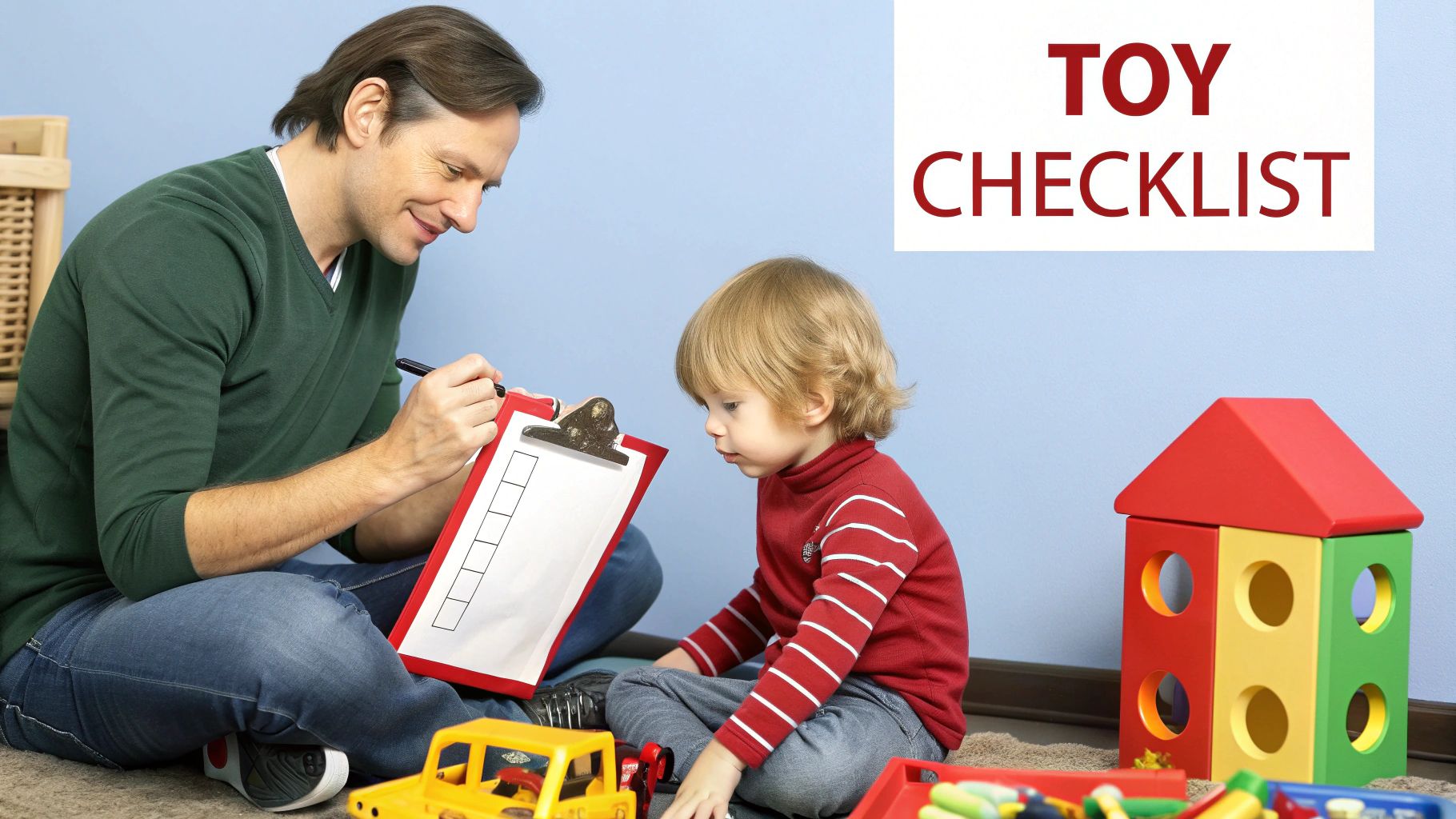 Smiling man and child on floor with toys, using a clipboard for a toy checklist.