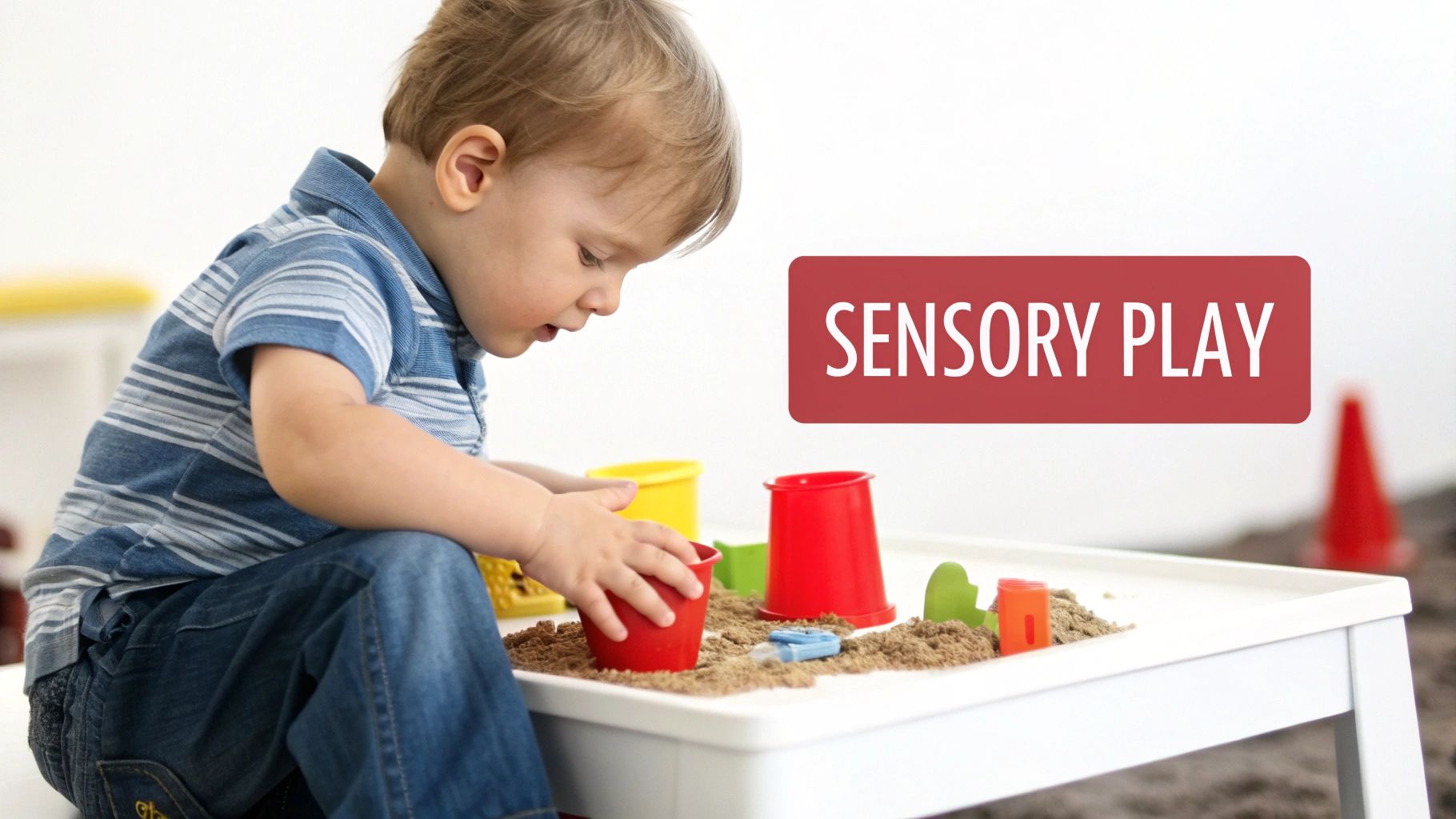 A young child engages in sensory play, scooping kinetic sand with colorful buckets on a white table.