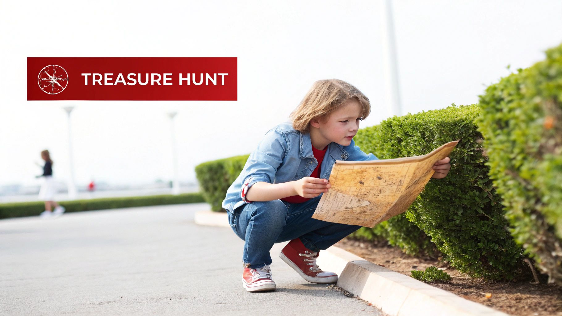 A young boy crouches outdoors, intently studying an old treasure map next to a green hedge, ready for an adventure.