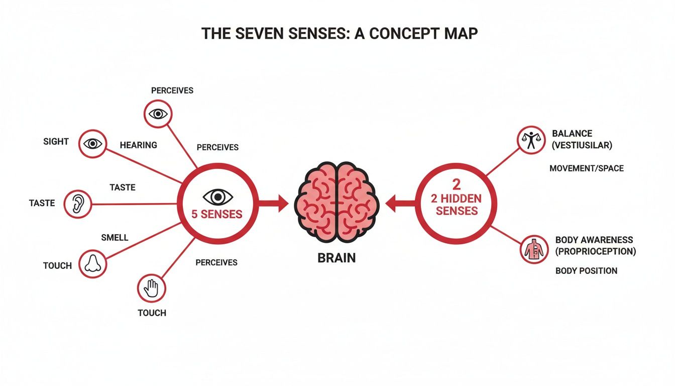 A concept map illustrating the seven senses: five traditional senses and two hidden senses, all connected to the brain.