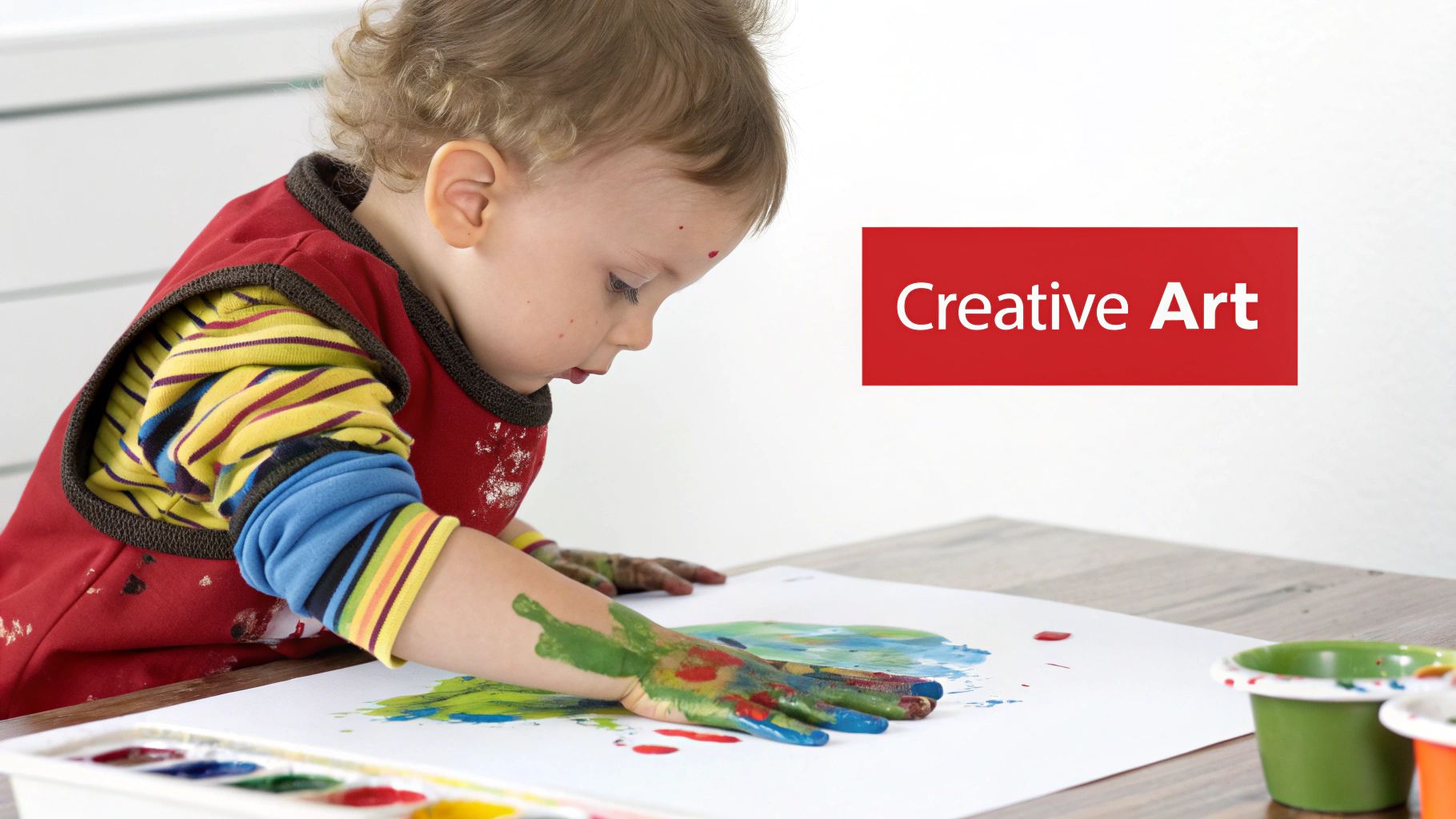 A happy toddler enjoys creative art time, finger painting with colorful paints on paper.