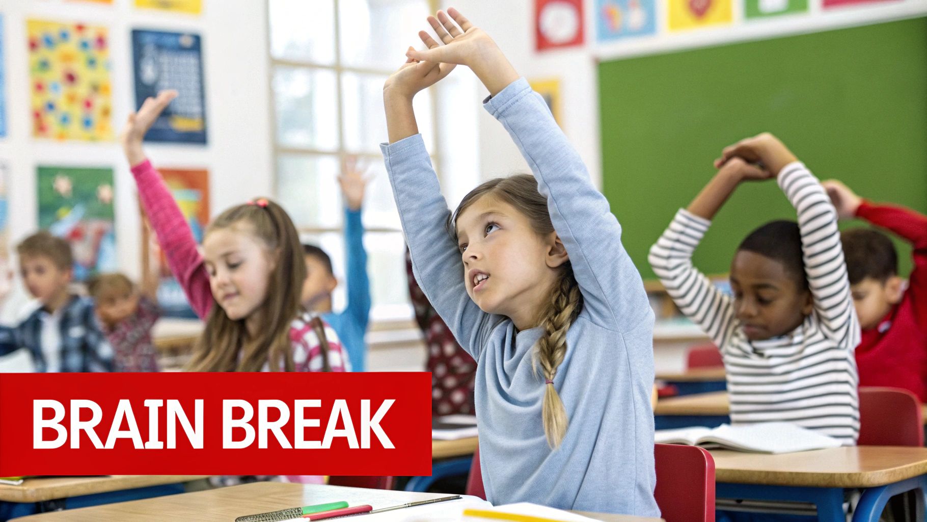 A classroom of young students stretching and doing active poses as part of a brain break activity.
