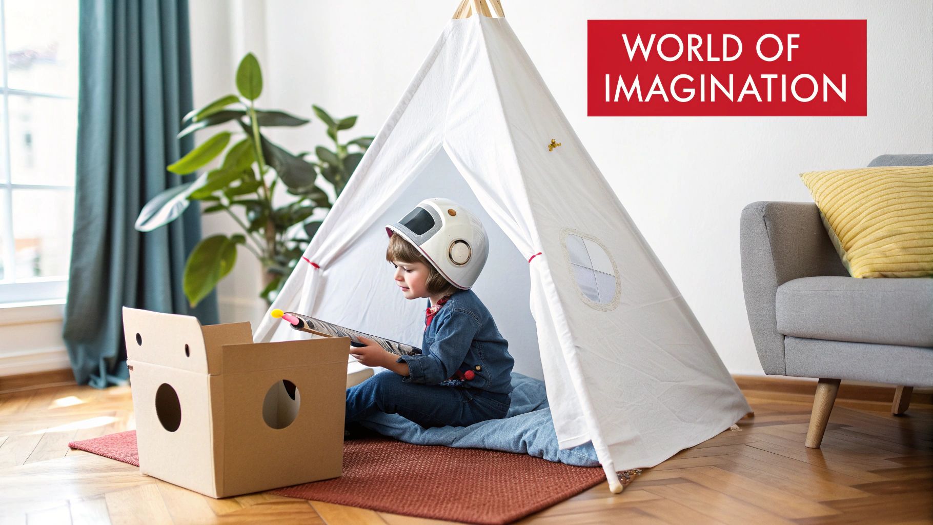 A young child wearing an astronaut helmet sits inside a white play tent, playing with a toy rocket.