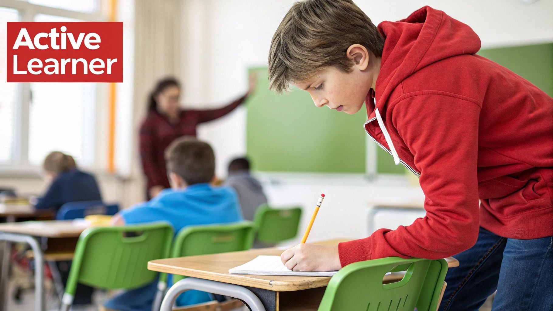 A child gesturing enthusiastically while explaining something to a friend.