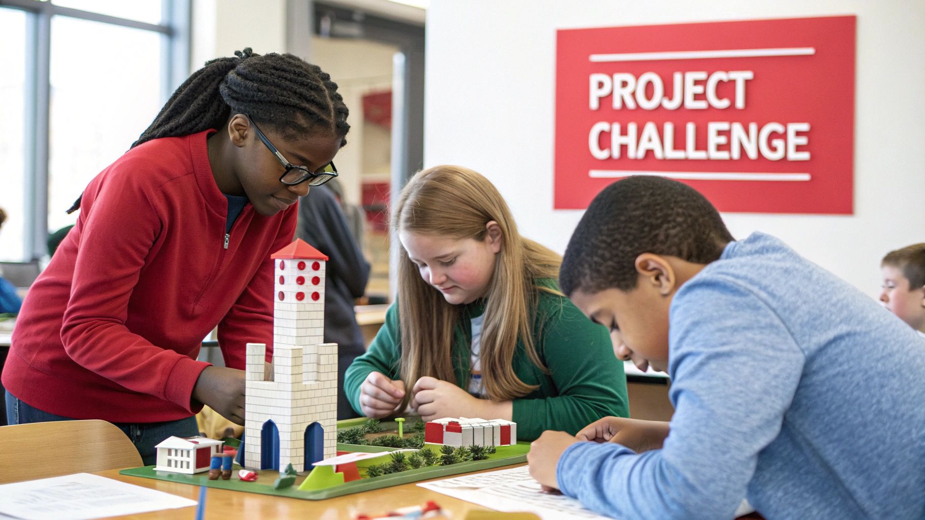 Three diverse students collaborate on a model building project during a 'Project Challenge' activity.