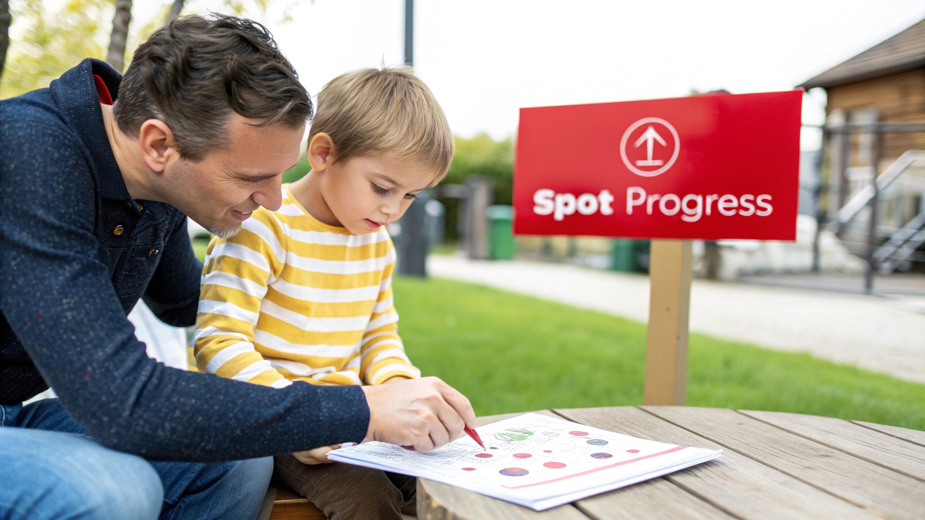 A father and son color together at a wooden table outdoors, with a 'Spot Progress' sign nearby.