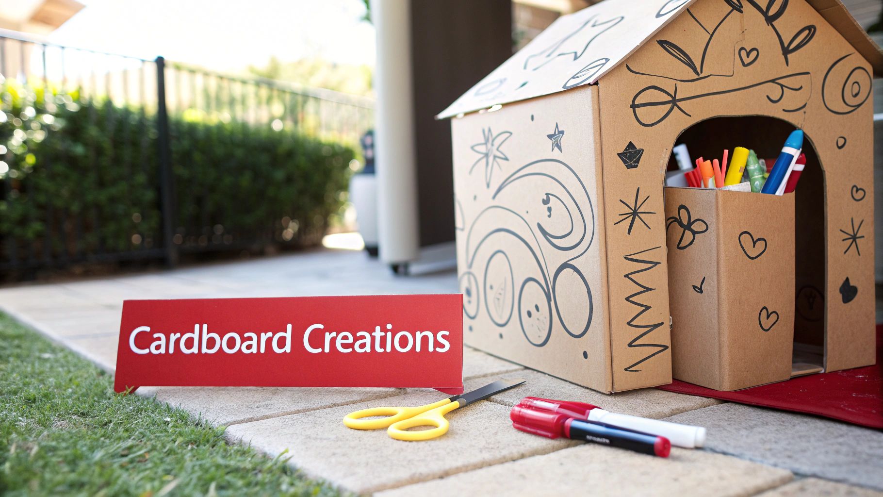 A red sign reading 'Cardboard Creations' next to a decorated cardboard house, scissors, and markers.
