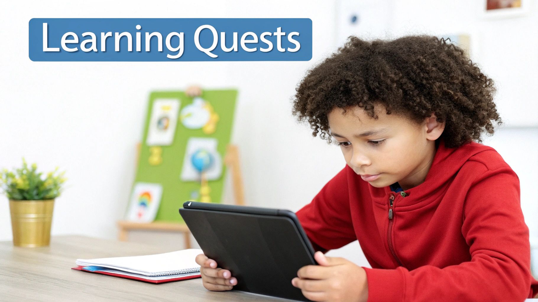 A child celebrates while playing an educational game on a tablet, with digital badges and points visible on the screen.