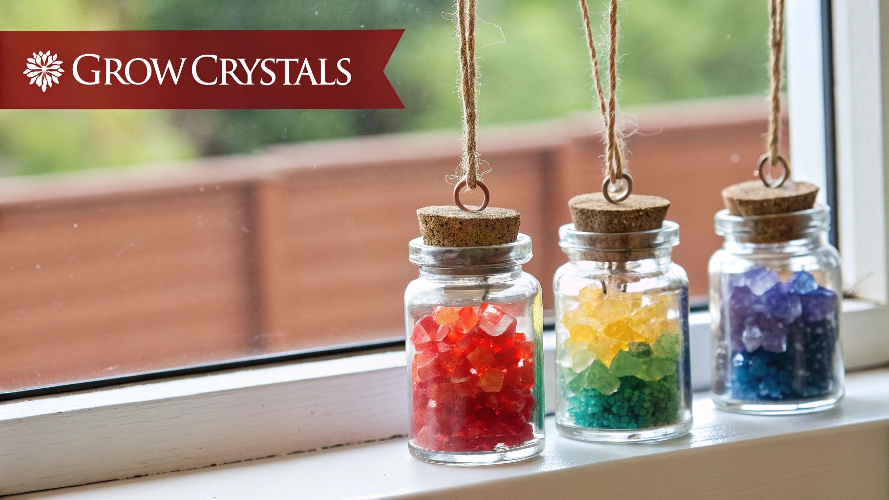 Three small glass jars filled with colorful crystals, hanging on a windowsill next to a 'GROW CRYSTALS' banner.