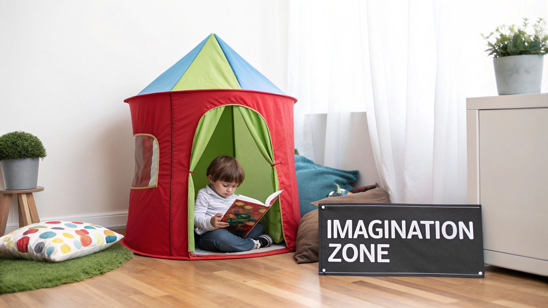 Young child reading book inside colorful play tent in modern imagination zone play area