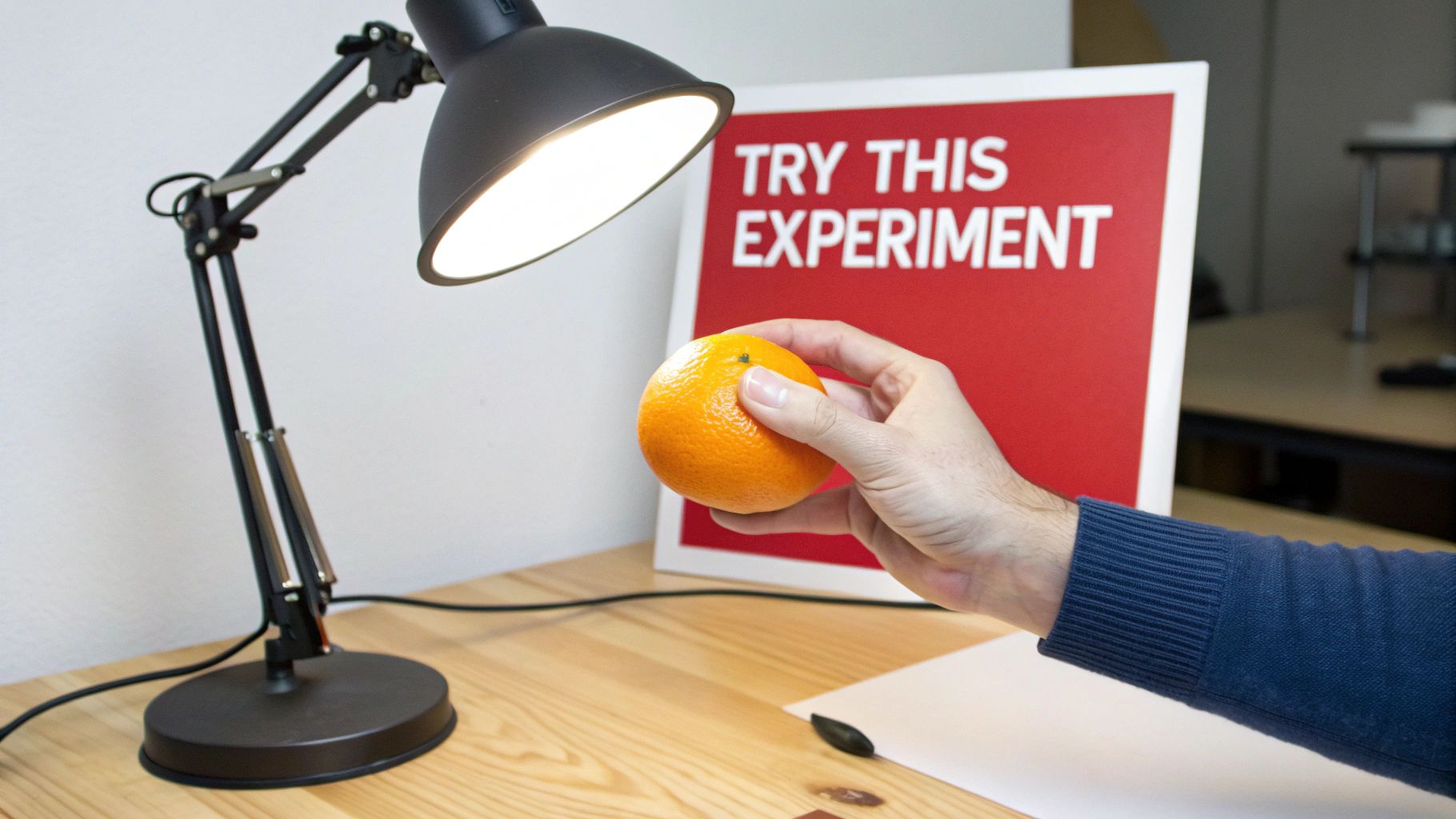 A hand holds an orange under a desk lamp next to a red sign that says 'TRY THIS EXPERIMENT'.