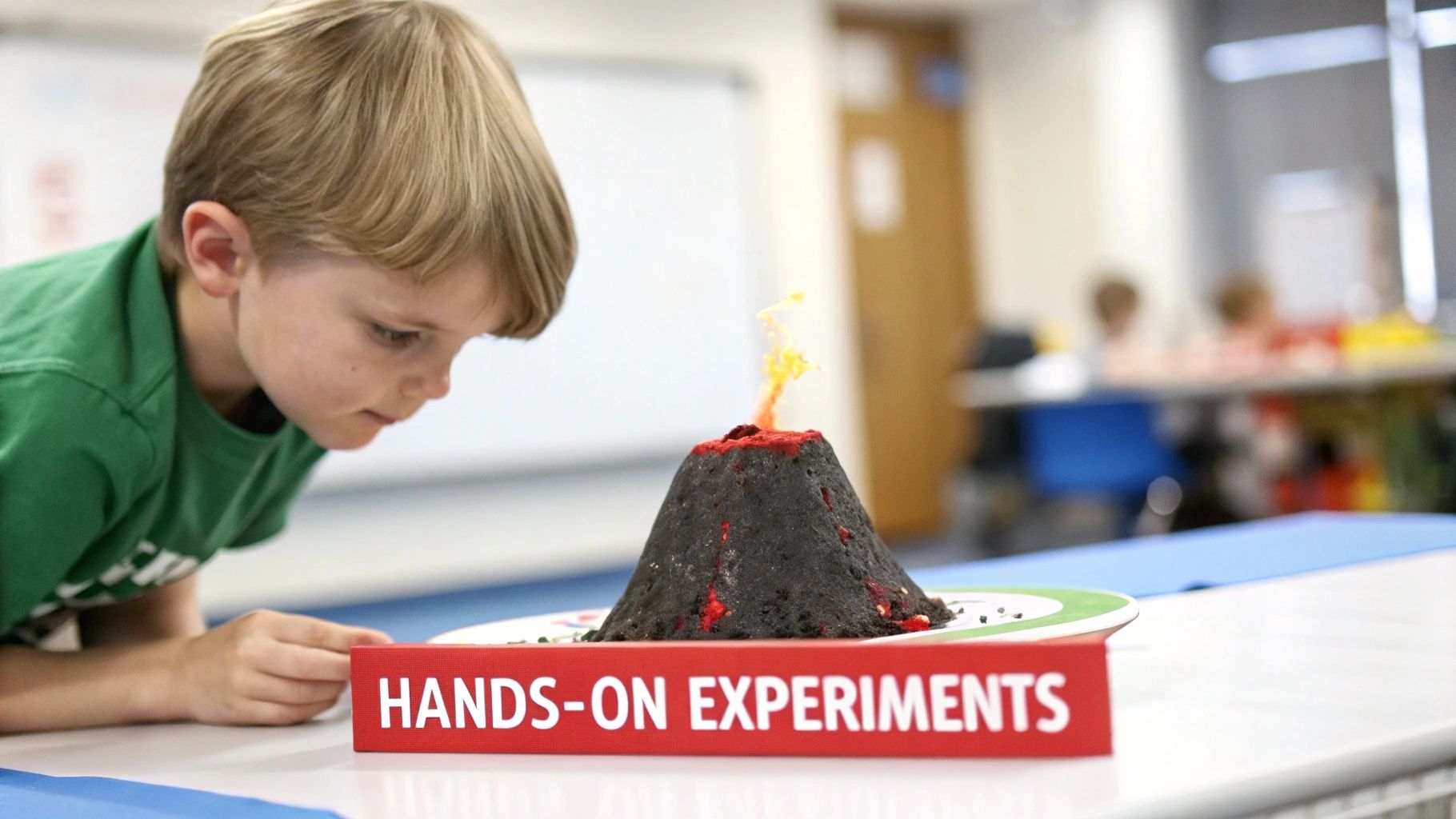 A young boy intently watches a hands-on volcano science experiment erupting lava.