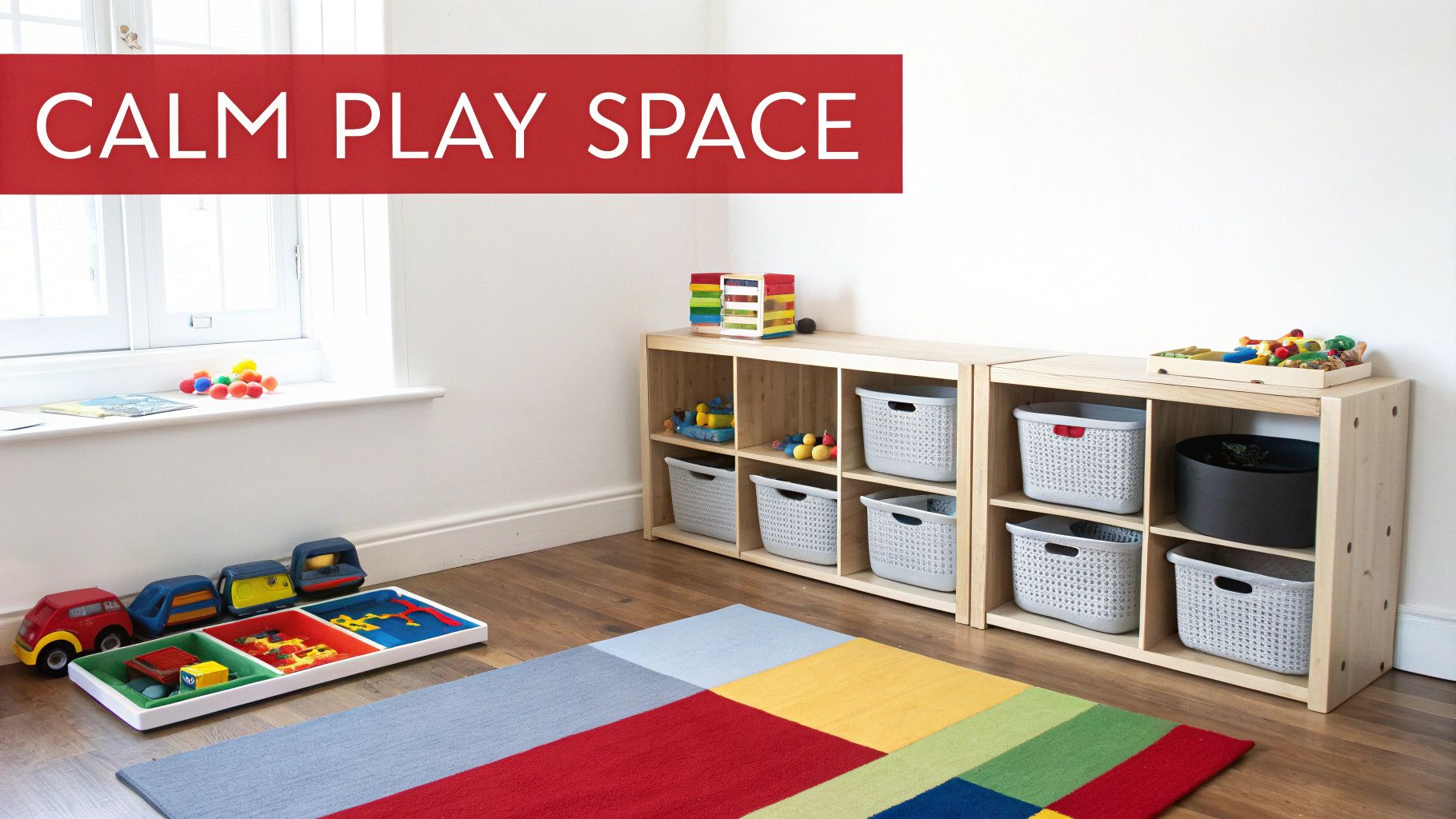 A calm children's play space featuring wooden shelves, various toys, storage baskets, and a colorful geometric rug.