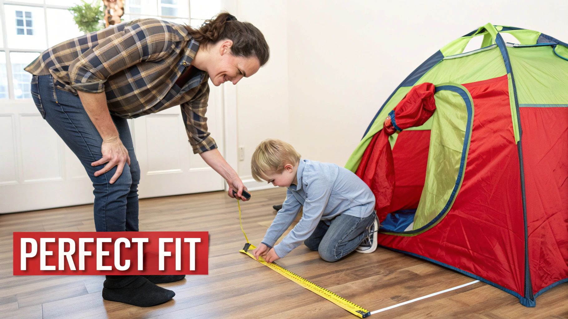 A young girl sits inside a colorful indoor play tent, surrounded by books and smiling at the camera.
