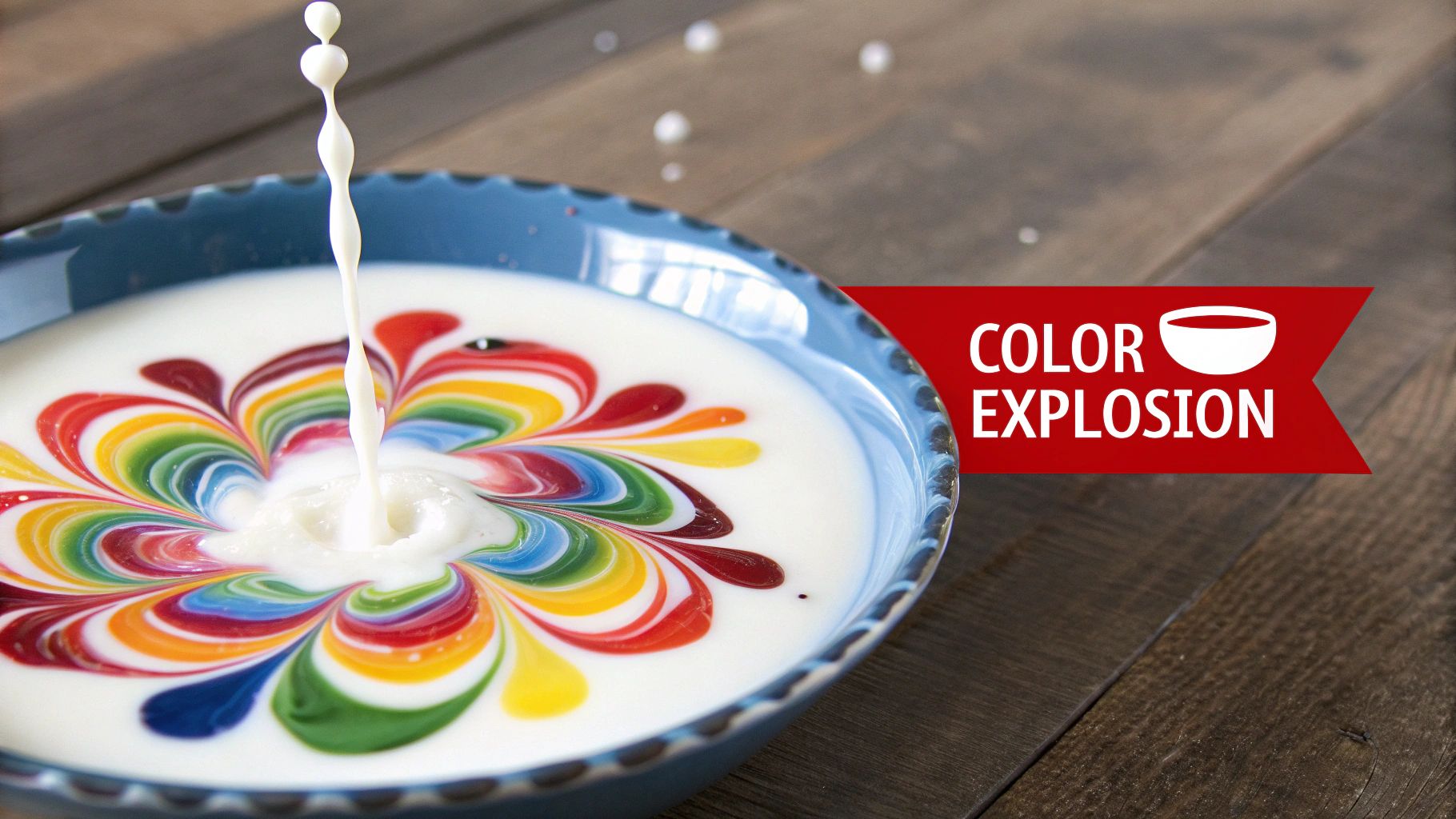 Rainbow Milk Color Explosion experiment with vibrant colors swirling in milk