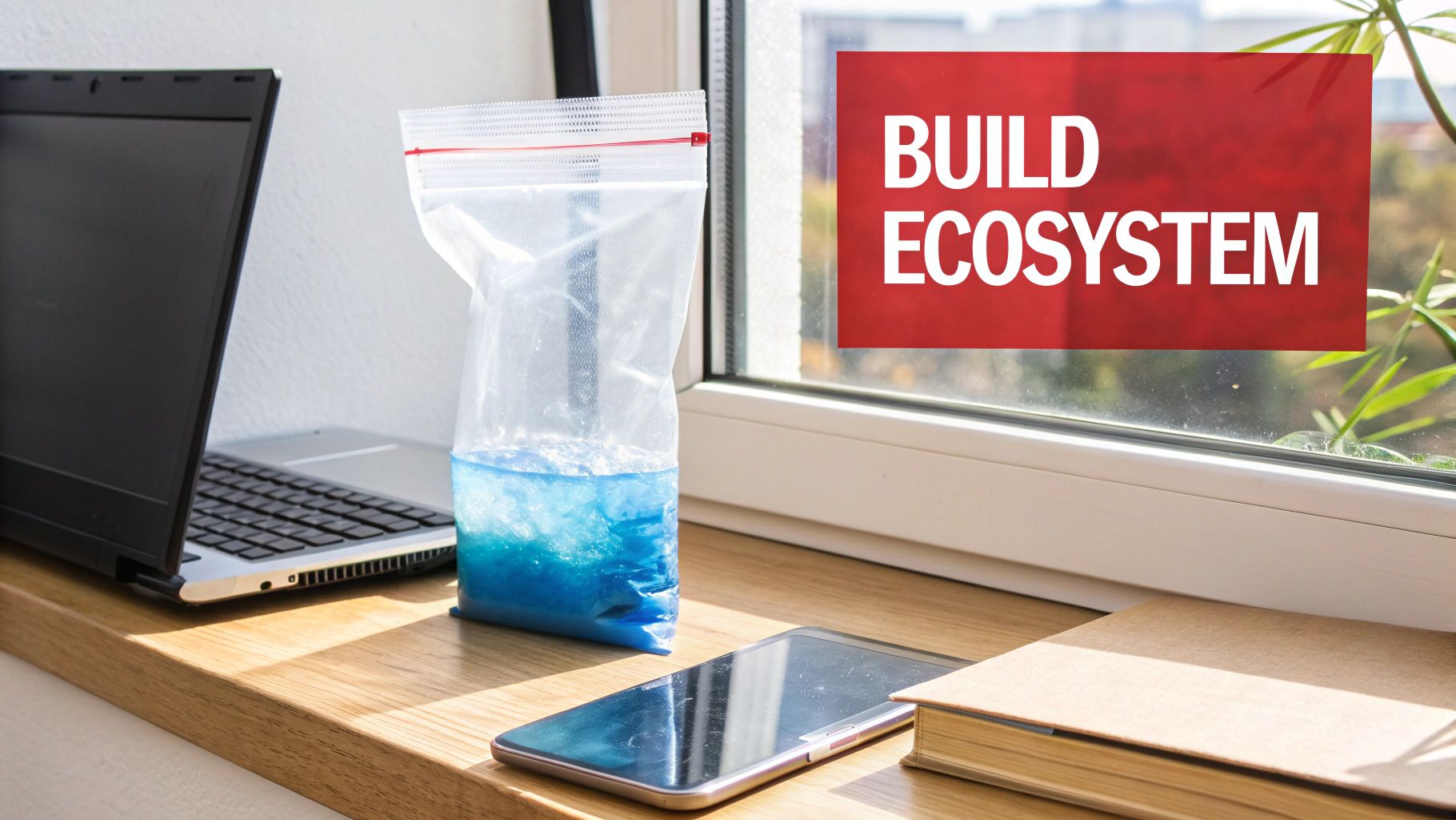 A child carefully taping a plastic bag with blue water to a sunny window