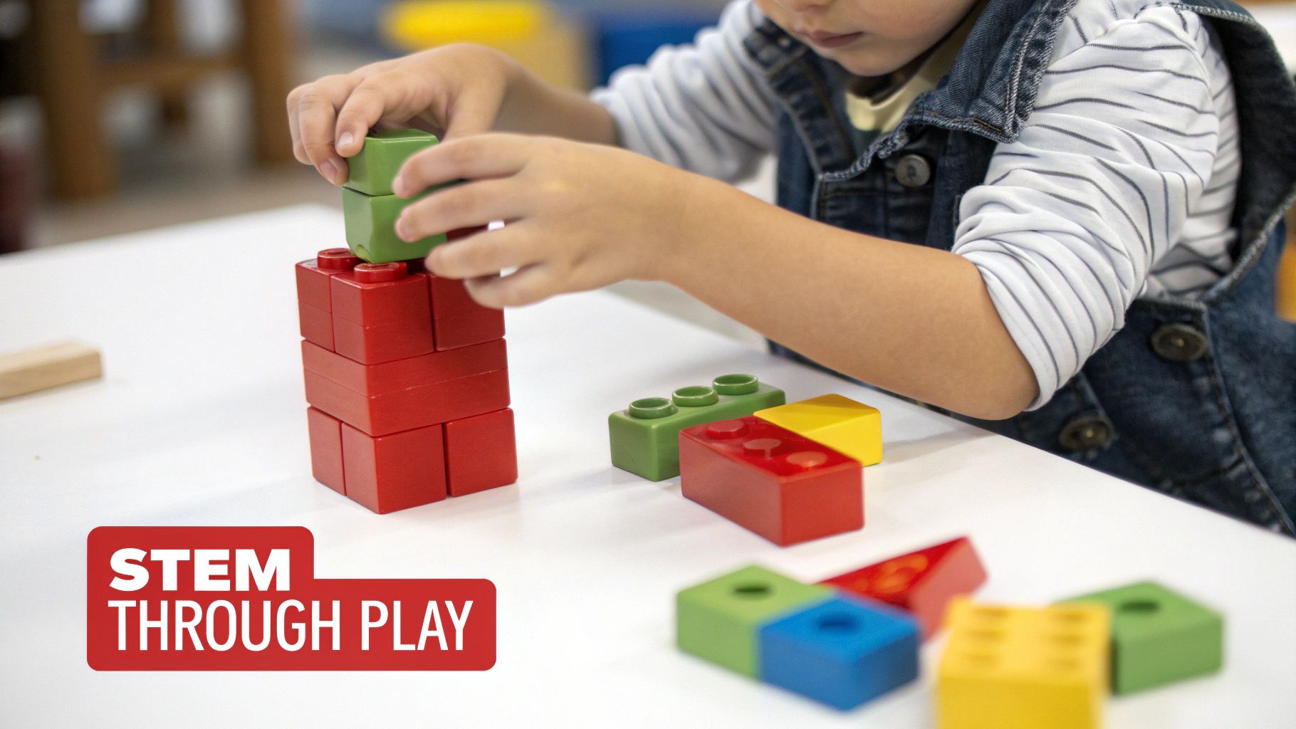 A child's hands stack green building blocks on a tower of red blocks, demonstrating kinesthetic play.