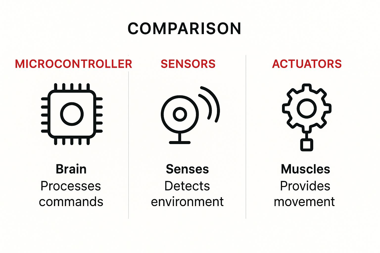 Infographic comparing the microcontroller (brain), sensors (senses), and actuators (muscles) in a robotics kit.