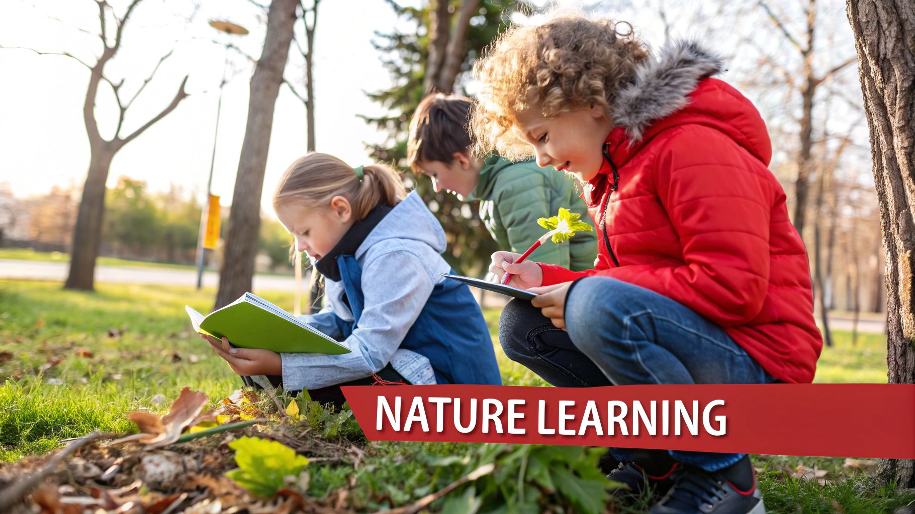 Three children are engaged in nature learning outdoors, observing and documenting with books and pens.
