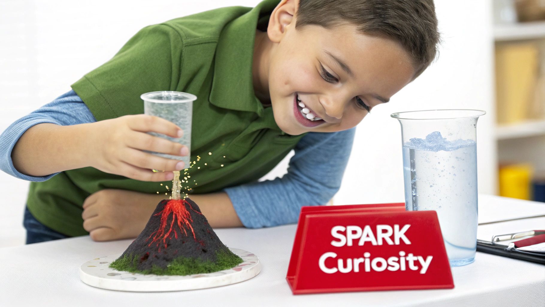 A happy young boy sparks curiosity by pouring liquid into a model volcano experiment, creating a glittery eruption.
