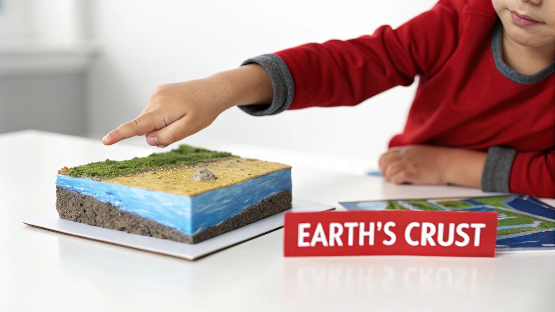 A child's hand points to an educational model demonstrating Earth's crust with land and water layers.